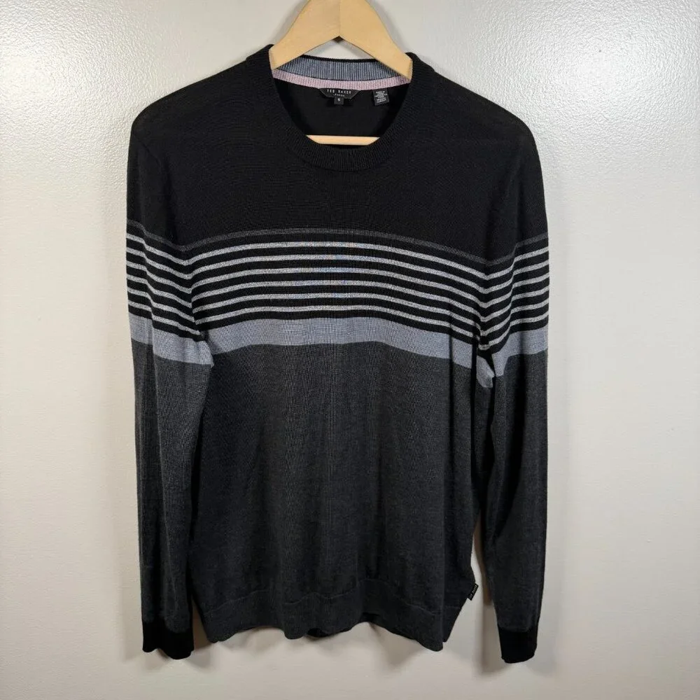Ted Baker Wool Crewneck Sweater Mens Size 5 US XL Black Gray Stripes Flaw*